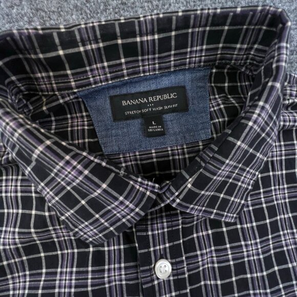 Banana Republic Button Up Shirt Men Large Purple Black Check Stretch Slim - Picture 7 of 9